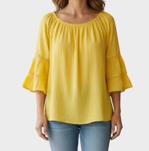 C est 1946 Large Yellow Bell 1/2 Sleeve Round Neck Gauzy Top Rayon Polyester